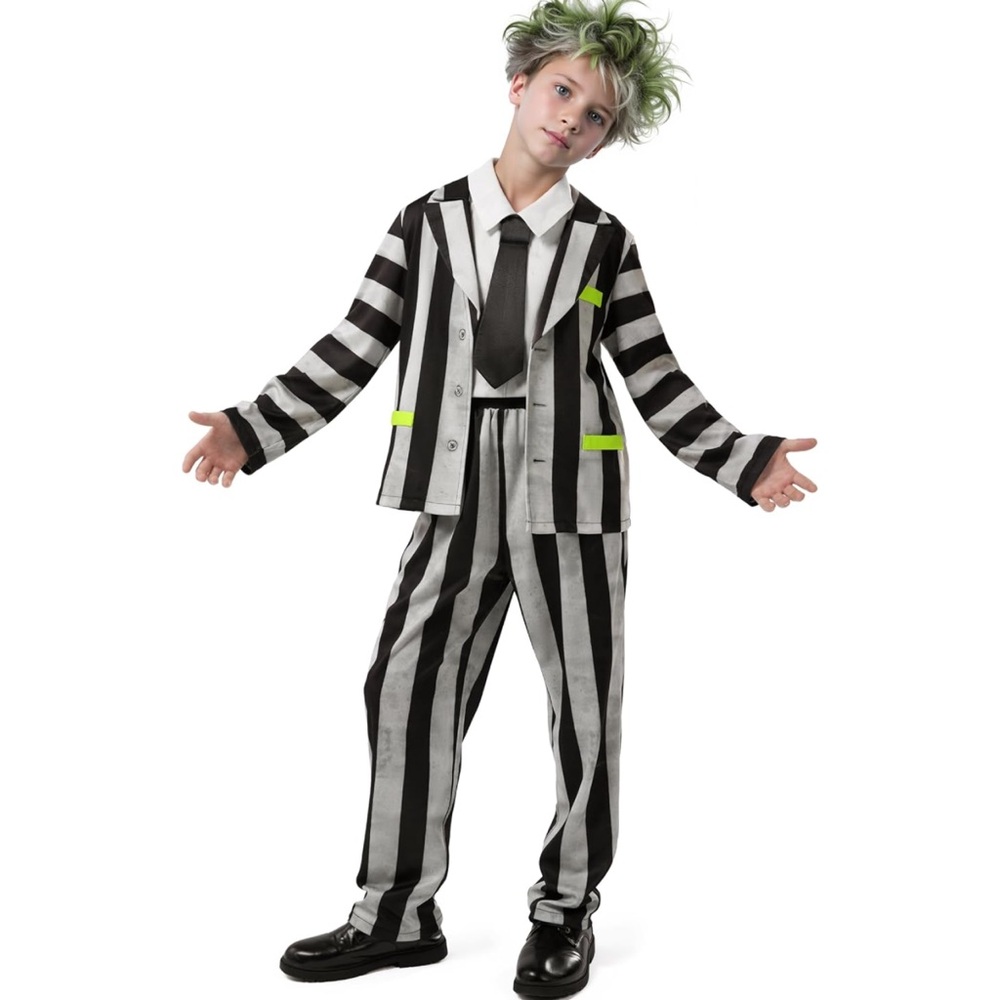 Kids Black & White Striped Beetle-Inspired Costume with Neon Green Accents